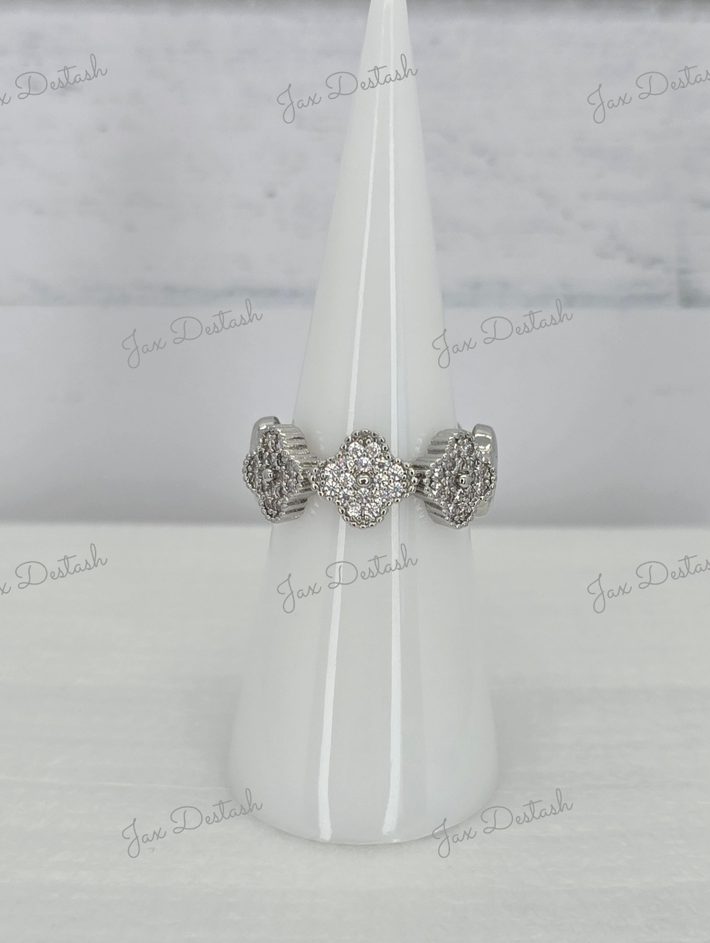Silver Tone Diamond Clover Cluster Ring RG038
